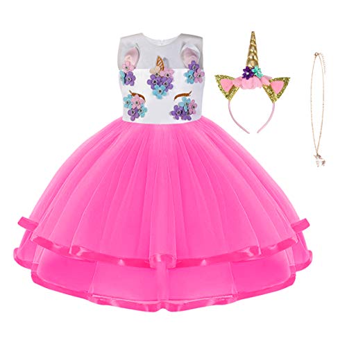 URAQT Disfraz de Unicornio, Vestido de Princesa Unicornio para Niñas, Vestido Elegante con Collar / Diadema para Cumpleaños / Cosplay / Boda, Edad 2-10 Años (Rosa Roja, 150cm)