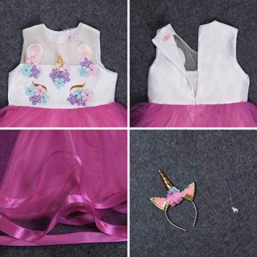 URAQT Disfraz de Unicornio, Vestido de Princesa Unicornio para Niñas, Vestido Elegante con Collar / Diadema para Cumpleaños / Cosplay / Boda, Edad 2-10 Años (Rosa Roja, 150cm)