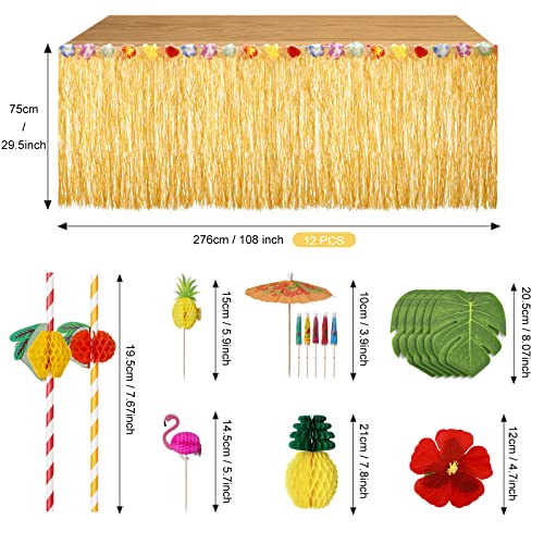 URBZUE Falda de Mesa Hawaiana, 97 Piezas Hawaiano Luau Falda de Mesa Set de Decoración, Con 12 Guirnaldas y 2 Piñas 3D, para Fiesta Jardín y Barbacoa, Cóctele, Playa y Tiki de Verano