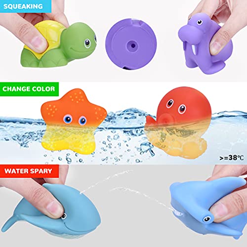 Vacoulery Juguetes Bañera Bebe, 8Pcs Juguetes de Baño Pato Flotantes para Bebé Niños Juguetes Acuáticos Diversión Sonido Lavado Baño Swim (Red de Pesca de 1pc y Juguetes de Animales flotantes 7pcs)