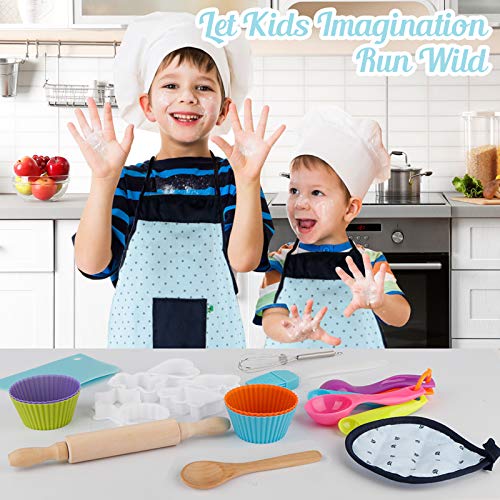 Vanmor Gorro Cocinero Niño Delantal Niña Navidad Juguetes Niño 3-8 Años, 26 Pcs Kits Repostería con Molde para Hornear Delantal Niño Accesorios Cocina Juguetes Madera Infantil, Regalo Niño 3-8 Años