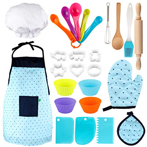 Vanmor Gorro Cocinero Niño Delantal Niña Navidad Juguetes Niño 3-8 Años, 26 Pcs Kits Repostería con Molde para Hornear Delantal Niño Accesorios Cocina Juguetes Madera Infantil, Regalo Niño 3-8 Años