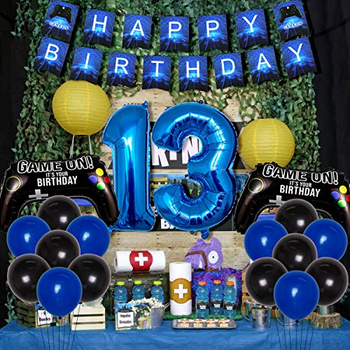 Videojuego Decoraciones de cumpleaños número 13 para niños Juego en suministros de fiesta de cumpleaños Juego azul Banner de feliz cumpleaños Controlador de juego Globo