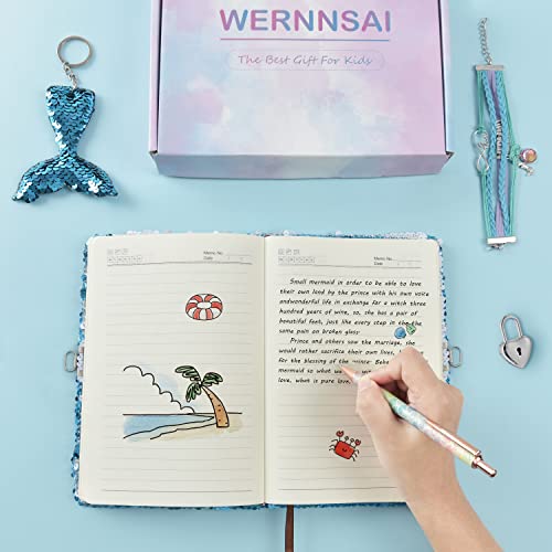 WERNNSAI Cuaderno de Lentejuelas - A5 Bloc de Notas Regalos para Niños Diarios y libretas Bolígrafo Pulsera Llavero con Cerradura y Llave