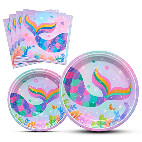 WERNNSAI Mágico Sirena Suministros para la Fiesta - 48 Piezas Sirena Sparkle Platos y Servilletas Papel Cena Postre Placas De Torta Cumpleaños Piscina Fiesta de Verano Sirve 16 Invitados