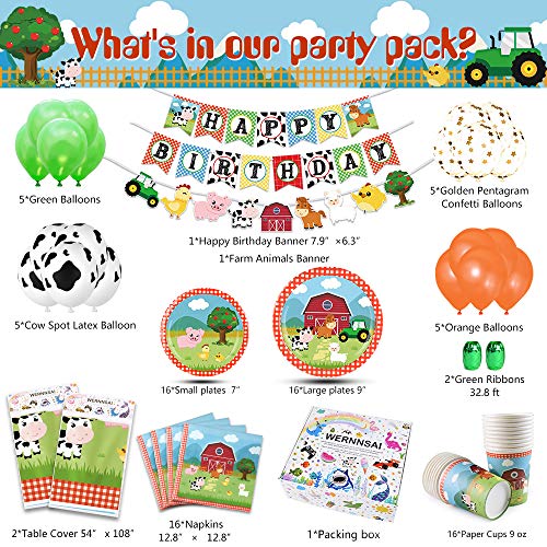 WERNNSAI Suministros para Fiesta de Cumpleaños de Granja - Decoraciones de Fiesta de Casa de Campo para Niños Cumpleaños Pancartas Globos Manteles Platos Servilletas Tazas Sirve 16 Invitados 89 PCS