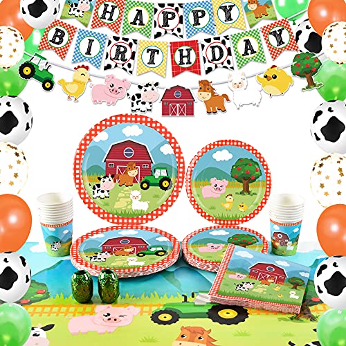 WERNNSAI Suministros para Fiesta de Cumpleaños de Granja - Decoraciones de Fiesta de Casa de Campo para Niños Cumpleaños Pancartas Globos Manteles Platos Servilletas Tazas Sirve 16 Invitados 89 PCS