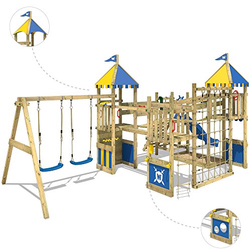 WICKEY Parque infantil de madera Smart Queen con columpio y tobogán verde, Torre de escalada de exterior con arenero y escalera para niños