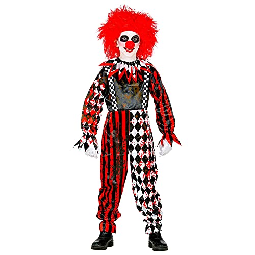 WIDMANN - Disfraz infantil de payaso asesino, mono con cuello, engrasado en sangre, a cuadros, rayas, terror, psicótico, asesino, disfraz, fiesta temática, carnaval, Halloween, 52519