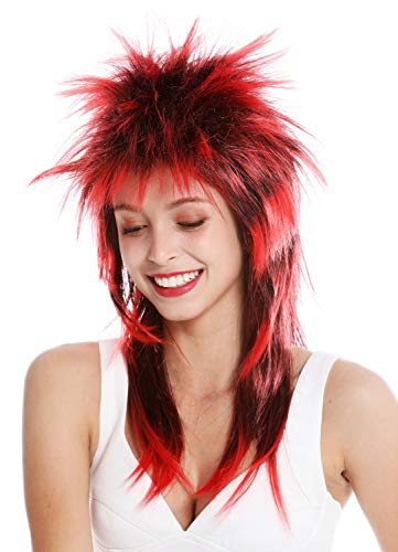 WIG ME UP- DH1069-PC103TPC13 Peluca Carnaval Punk Melena roquero Salvaje los 80 Pelo Wave erizado Largo Negro Rojo