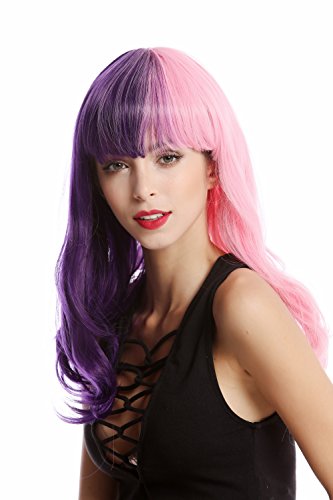 WIG ME UP- GF-W2301-STEP20+T2311 Peluca mujer larga rizada flequillo mitad color morada mitad rosa