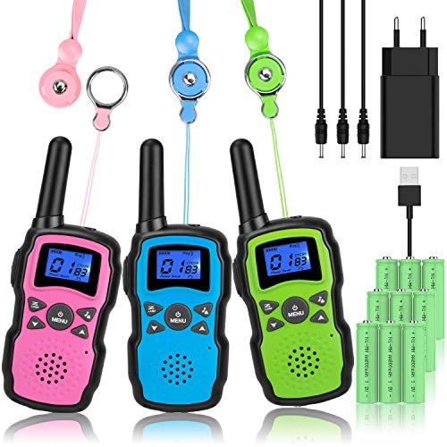 Wishouse M8 Walkie Talkie Niños Bateria USB Recargable, Adultos Walky Talky 3 Piezas Largo Alcance, Cámping Juegos Policia Juguetes with Linterna, Niños 3-12 Años Navidad Regalos Cumpleaños Para Niñas