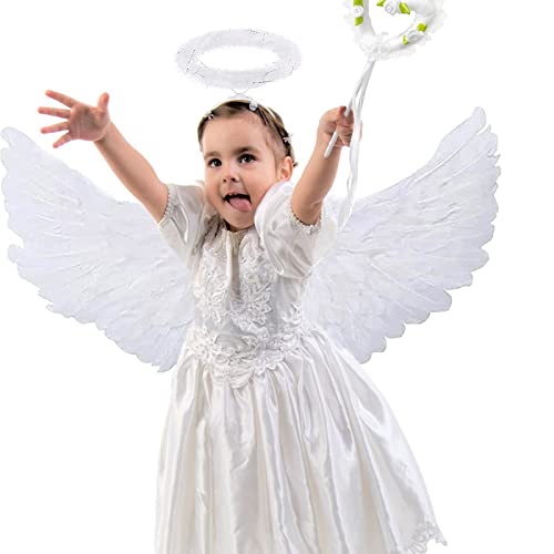 WIWJ Juego de 3 piezas de alas de ángel, disfraz de plumas para niños y adultos, con aureola y varita mágica para Halloween, carnaval, cosplay, fiestas, disfraces