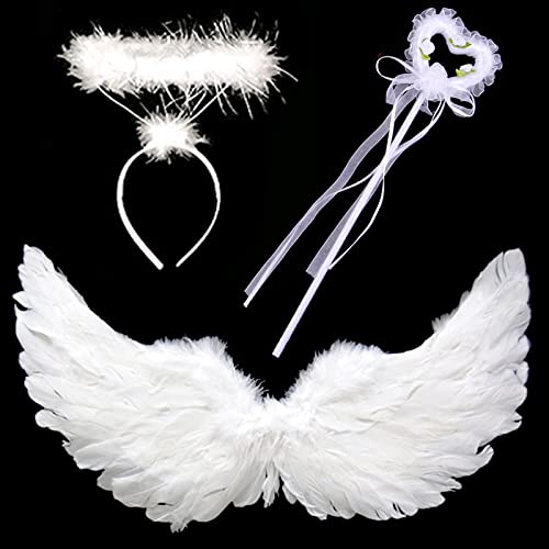 WIWJ Juego de 3 piezas de alas de ángel, disfraz de plumas para niños y adultos, con aureola y varita mágica para Halloween, carnaval, cosplay, fiestas, disfraces