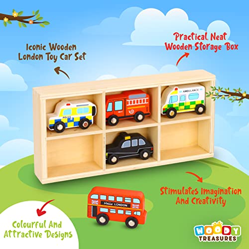 woody treasures Juego de juguete de madera para coche, caja de juguete de 6 piezas con coches, calidad premium y materiales seguros, educativo y divertido para niños, niños pequeños