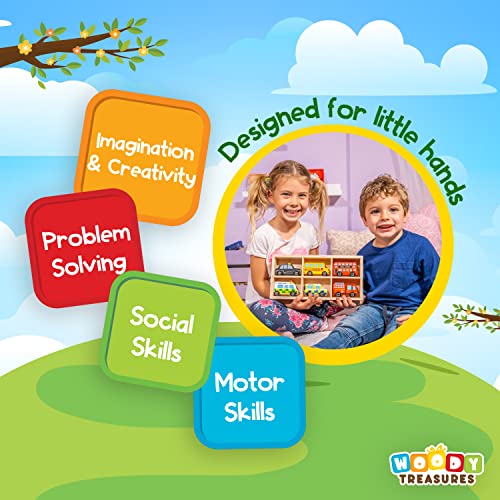 woody treasures Juego de juguete de madera para coche, caja de juguete de 6 piezas con coches, calidad premium y materiales seguros, educativo y divertido para niños, niños pequeños