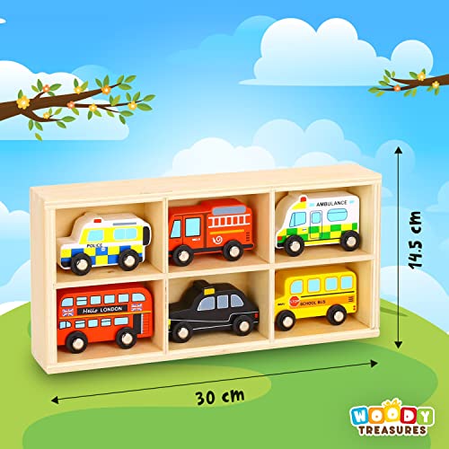 woody treasures Juego de juguete de madera para coche, caja de juguete de 6 piezas con coches, calidad premium y materiales seguros, educativo y divertido para niños, niños pequeños