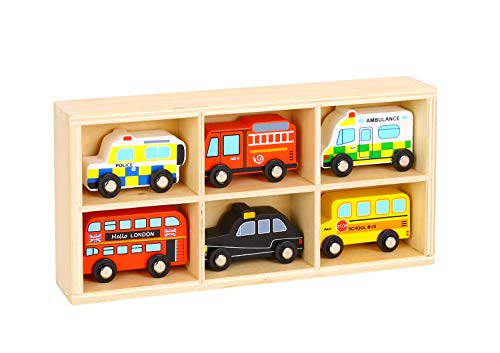 woody treasures Juego de juguete de madera para coche, caja de juguete de 6 piezas con coches, calidad premium y materiales seguros, educativo y divertido para niños, niños pequeños