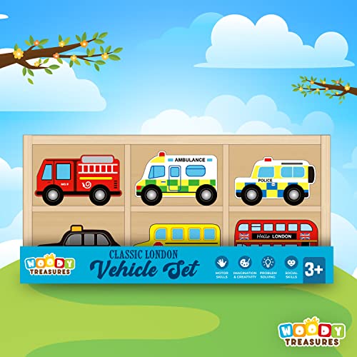 woody treasures Juego de juguete de madera para coche, caja de juguete de 6 piezas con coches, calidad premium y materiales seguros, educativo y divertido para niños, niños pequeños