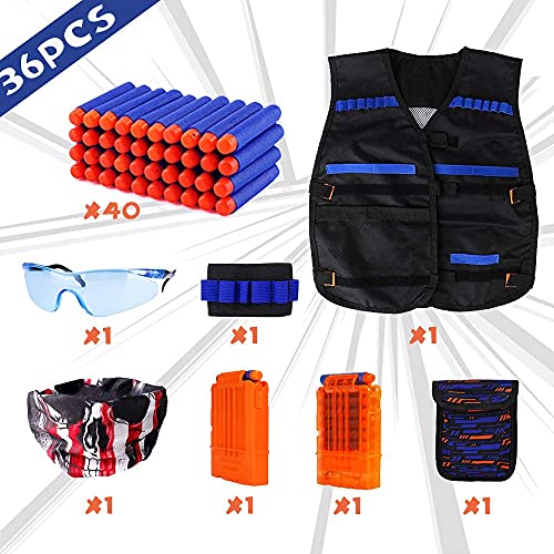 WORKER Chaleco táctico para niños Nerf Guns N-Strike Elite Serie con 40 bolas de recambio, 2 clips de recarga, bolsa de dardos, máscaras tácticas, pulsera de mano y gafas de protección para niños