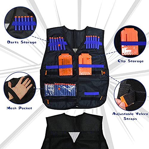 WORKER Chaleco táctico para niños Nerf Guns N-Strike Elite Serie con 40 bolas de recambio, 2 clips de recarga, bolsa de dardos, máscaras tácticas, pulsera de mano y gafas de protección para niños