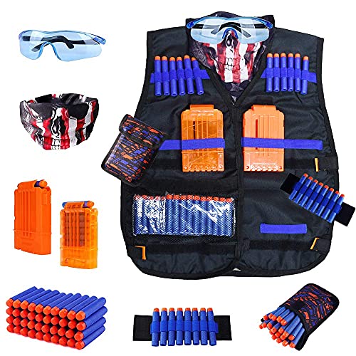 WORKER Chaleco táctico para niños Nerf Guns N-Strike Elite Serie con 40 bolas de recambio, 2 clips de recarga, bolsa de dardos, máscaras tácticas, pulsera de mano y gafas de protección para niños