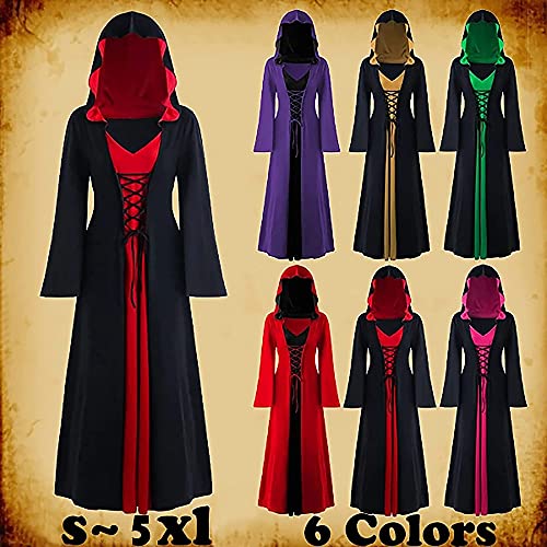 Yoaa Vestido Largo Medieval para Mujer Renacimiento Halloween Cosplay Disfraz con Capucha Fiesta Vestido Retro Vestido de Talla Grande con Estilo Punk con Capucha Vestido de Juego de Roles