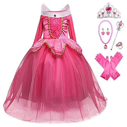 YOSICIL Disfraz de Bella Disfraces de Princesa Aurora Manga Larga Vestido de Princesa de Bella Durmiente Disfraz Accesorios Traje de Fiesta Carnaval Cumpleaños Regalo Navidad Halloween,Rosa 130