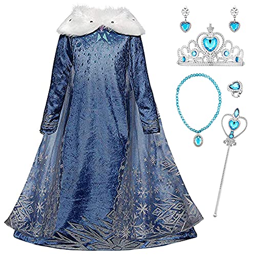 YOSICIL Niñas Cosplay Vestido de Princesa Elsa con Capa Vestido de Frozen Manga Larga Vestido Largo Disfraz Azul Dulce Disfraz Ceremonia de Fiesta Halloween Navidad 3-9 años 100-150cm,Azul 140