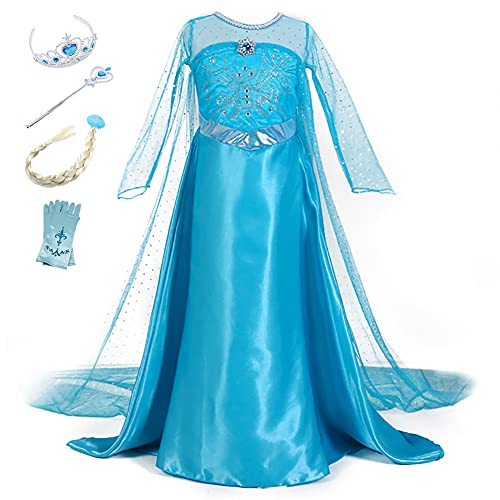 YOSICIL Vestido de Princesa Elsa Vestido Frozen Niñas Disfraz Traje de Cumpleaños ninas Fancy Dress nina Disfraz Elsa Princesa Cosplay con Accesorios traje de arrastre 3-10Años 110-150cm, Azul 140