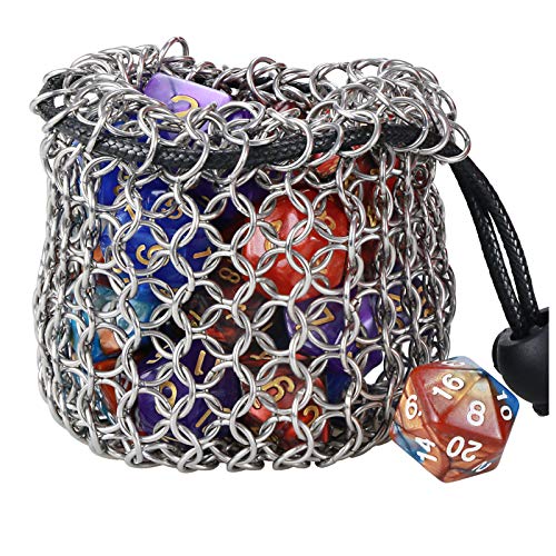 YOUSHARES Drawstring Game Dice Bag - Bolsa de Dados DND Chainmail de Acero Inoxidable para Dados Poliédricos de Metal Set de Dados