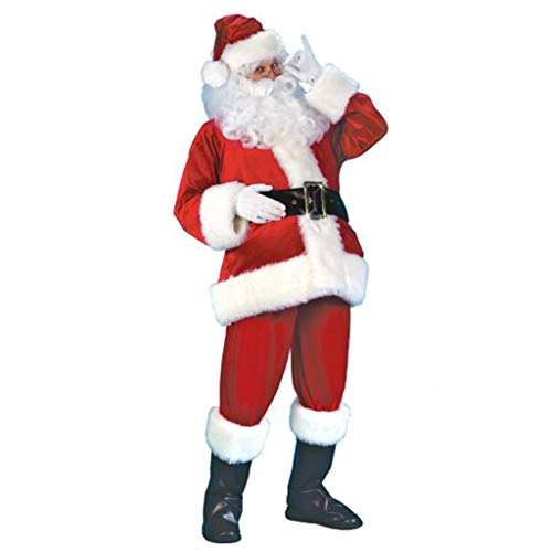 ZCAYIN Disfraz de Santa Claus Papá Noel for Hombre, Sombrero de Papá Noel + Barba + Guantes + Chaqueta + cinturón + pantalón + Funda for Botas y Otro Disfraz de Santa Cosplay de 7 Piezas