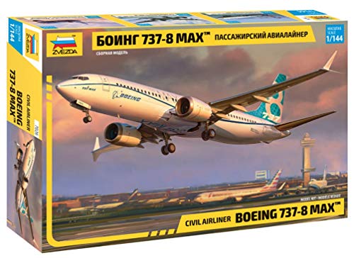 Zvezda- Other License 500787026 Boeing 737-8 MAX-Maqueta de construcción (Escala 1:144), Color Plateado (7026)