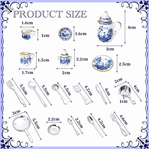 15 Accesorios para Casa de Muñecas de 1:12 Conjunto de Tazas de Té de Porcelana de Cocina Azul con 11 Cubiertos Vajillas en Miniatura Tenedor Cuchara de Casa Muñecas (Estilo Flores)