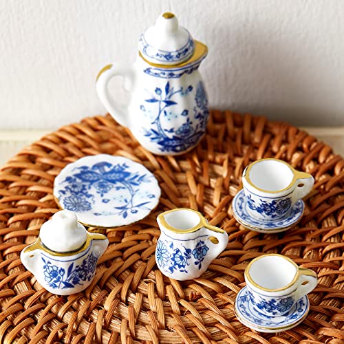 15 Accesorios para Casa de Muñecas de 1:12 Conjunto de Tazas de Té de Porcelana de Cocina Azul con 11 Cubiertos Vajillas en Miniatura Tenedor Cuchara de Casa Muñecas (Estilo Flores)