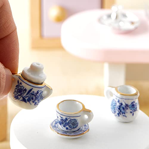 15 Accesorios para Casa de Muñecas de 1:12 Conjunto de Tazas de Té de Porcelana de Cocina Azul con 11 Cubiertos Vajillas en Miniatura Tenedor Cuchara de Casa Muñecas (Estilo Flores)