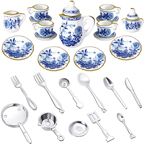 15 Accesorios para Casa de Muñecas de 1:12 Conjunto de Tazas de Té de Porcelana de Cocina Azul con 11 Cubiertos Vajillas en Miniatura Tenedor Cuchara de Casa Muñecas (Estilo Flores)