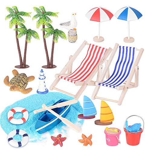 20pcs Miniaturas Casa de Muñecas Accesorios Decoración 1/12 Jardín - Paisajismo Vista al Mar Árbol de Coco Anillo Natacion Asteroidea Vela Silla de Playa Sombrilla Faro Tortuga Gaviota Arena