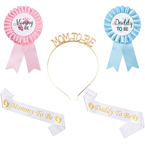 5 Pcs Banda para Baby Shower Mommy to Be Sash Faja Fajín de Satén Mum to be Futura Mama Daddy to Be Pin para Bautizo Baby Shower