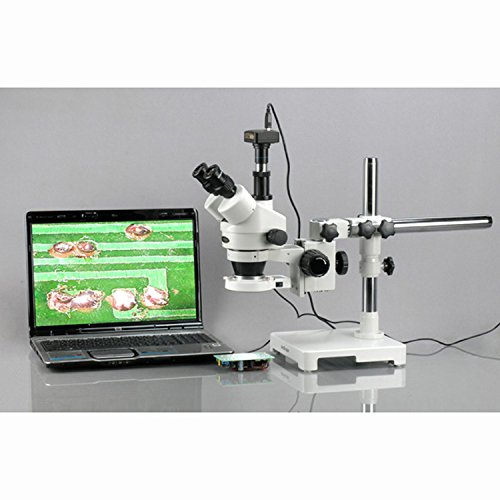 AmScope SM-3T-80S-M 7X-45X trinocular LED Boom soporte est-reo de zoom microscopio, c-mara de 1.3MP Digital