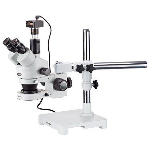 AmScope SM-3T-80S-M 7X-45X trinocular LED Boom soporte est-reo de zoom microscopio, c-mara de 1.3MP Digital