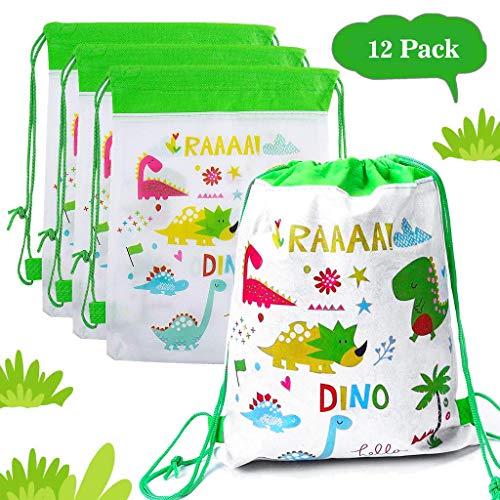 Amycute 12 pcs Mochilas Cordones Dinosaurio, Bolsas con Cordón Mochila Party Bolsas Tela no Tejida Escolar Hombro Mochila de Viaje Bolsa de Baile Gimnasio para Adolescentes Niños niñas Cumpleaños