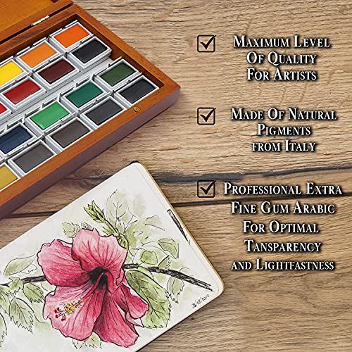 Apolo Arte Set Acuarelas Profesionales de Alta Pigmentación | Juego de Pinturas de Acuarela Profesional | Incluye 24 Colores Grandes, Caja de Madera y Paño | Acuarelas Calidad Artista