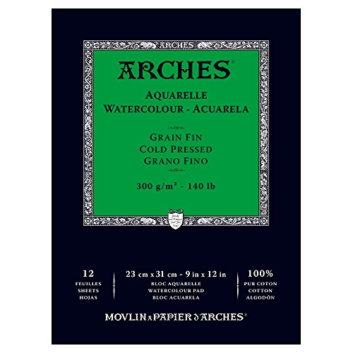 Arches - Papel de acuarela, bloc 12 hojas engomado 1 lado, grano fino, 300 g/m², 23 x 31 cm