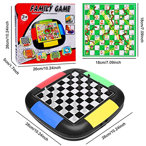 Auniq 7 en 1 Juego de Mesa, ajedrez, Backgammon, Serpientes y Escaleras, Damas, Juego de Mesa Ludo, Damas Chinas, Juego de La Oca, Tablero de Juego Portátil para Viajar para Niños Adultos Familia