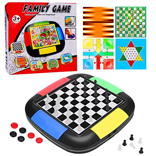 Auniq 7 en 1 Juego de Mesa, ajedrez, Backgammon, Serpientes y Escaleras, Damas, Juego de Mesa Ludo, Damas Chinas, Juego de La Oca, Tablero de Juego Portátil para Viajar para Niños Adultos Familia