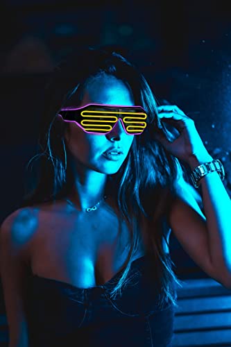 Balinco Gafas LED con 3 modos de flash – perfectas como Techno DJ | Festival | Halloween | Carnaval | como complemento para el disfraz (lila / amarillo)