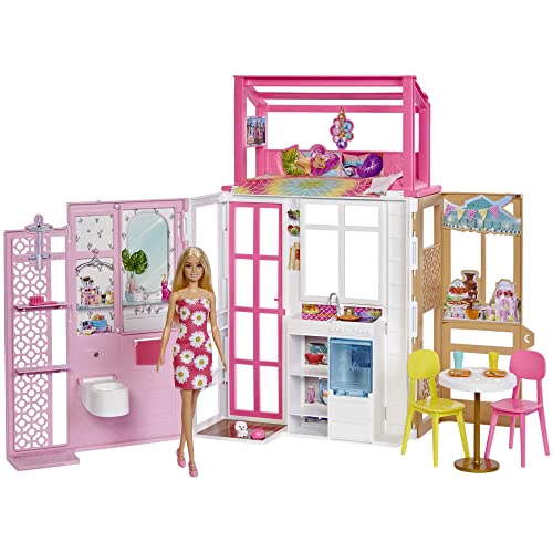 Barbie Casa 2 pisos Casa amueblada para muñecas de juguete, incluye muñeca rubia y accesorios (Mattel HCD48)