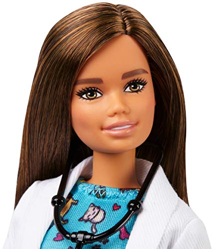 Barbie Quiero Ser muñeca veterinaria morena con bata médica, y gatito como paciente (Mattel GJL63)