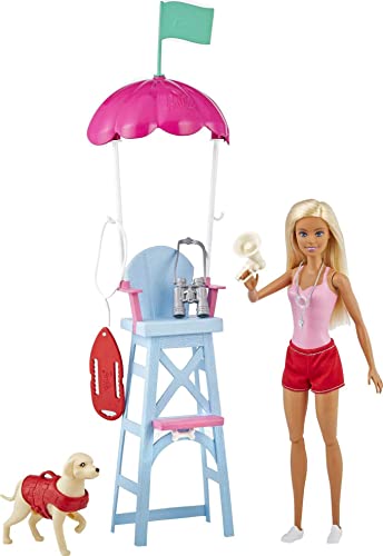 Barbie Socorrista Muñeca rubia con silla de vigilancia de playa de juguete, mascota y accesorios (Mattel GTX69)